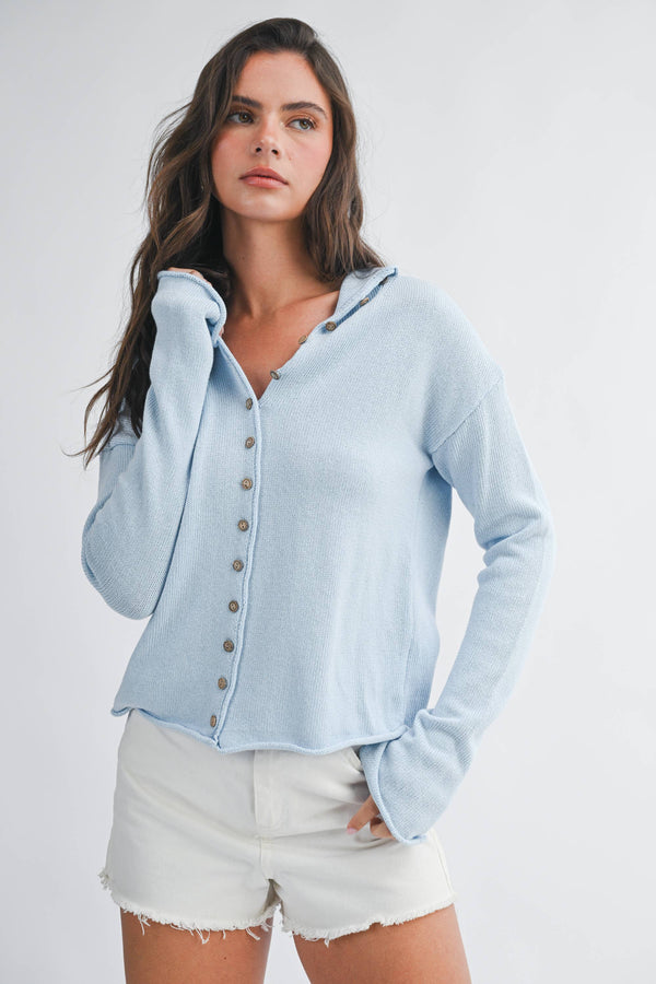5221HK Button Front Cropped Knit Cardigan-Blue Hand Home