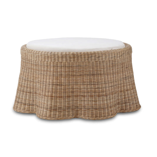 Newport Ottoman In Rattan Natural w/ Arctic White Performance Fabric-Blue Hand Home