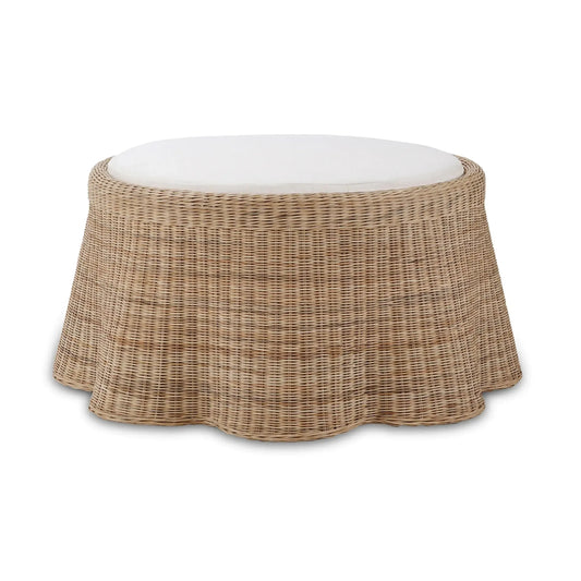 Newport Ottoman In Rattan Natural w/ Arctic White Performance Fabric-Blue Hand Home