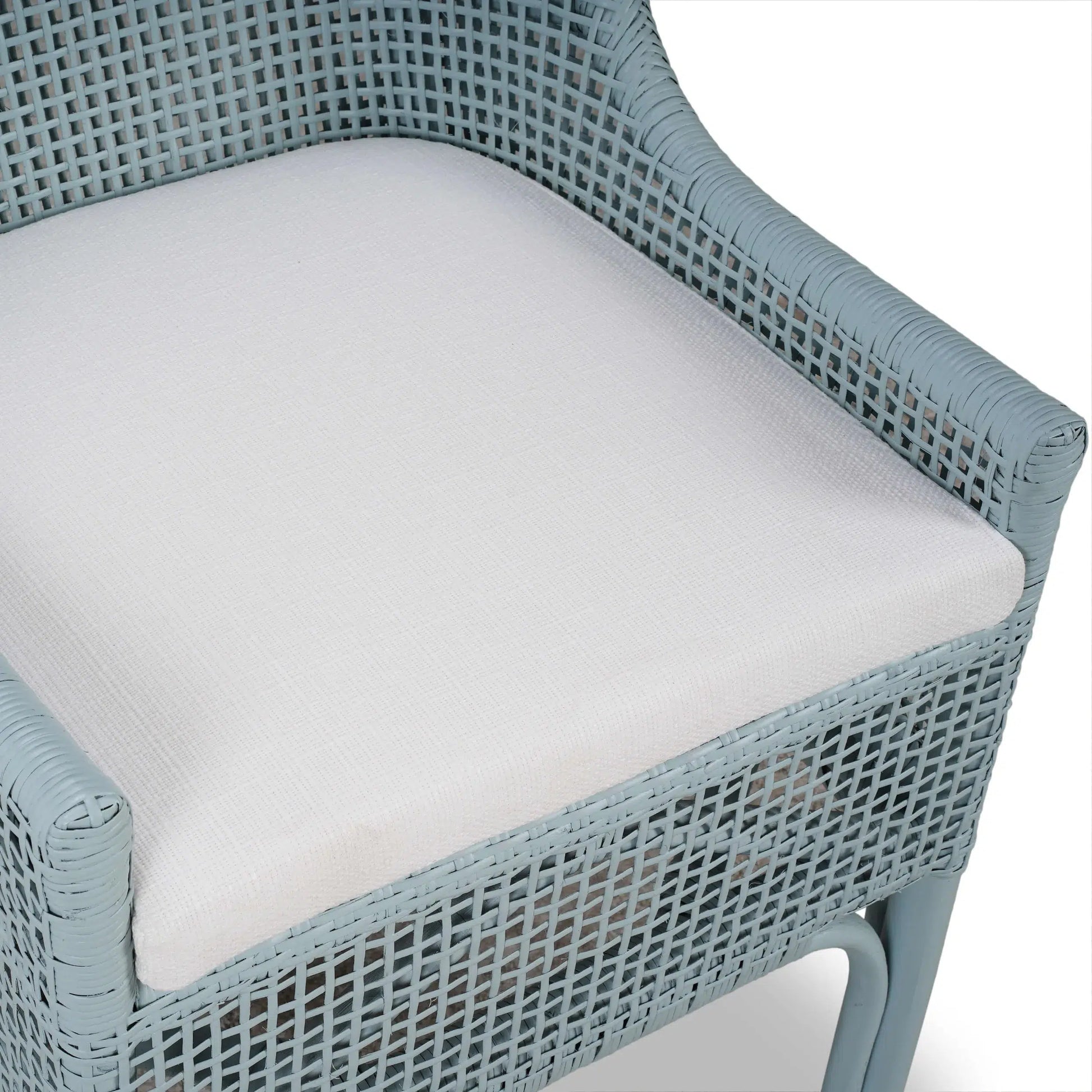 Cristo Dining Chair In Frosted Blue Rattan w/ Arctic White Performance Fabric Cushion-Blue Hand Home