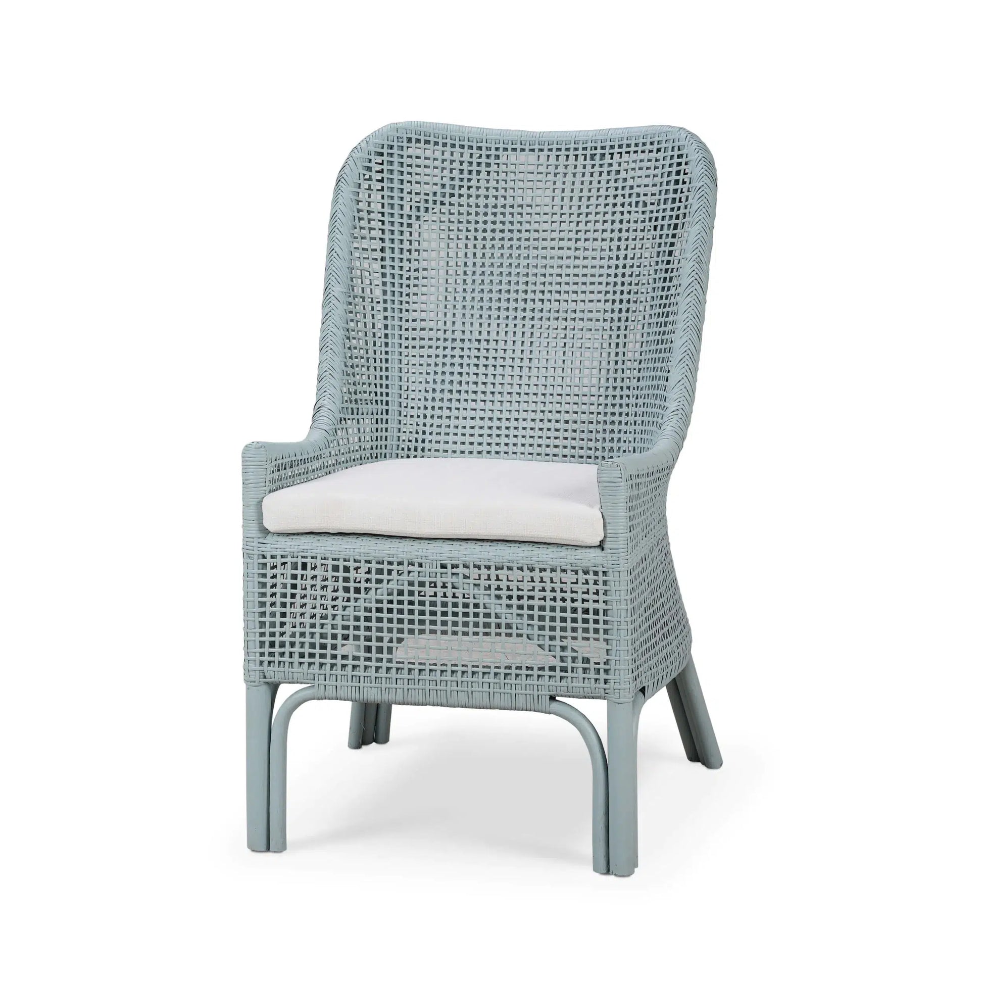 Cristo Dining Chair In Frosted Blue Rattan w/ Arctic White Performance Fabric Cushion-Blue Hand Home