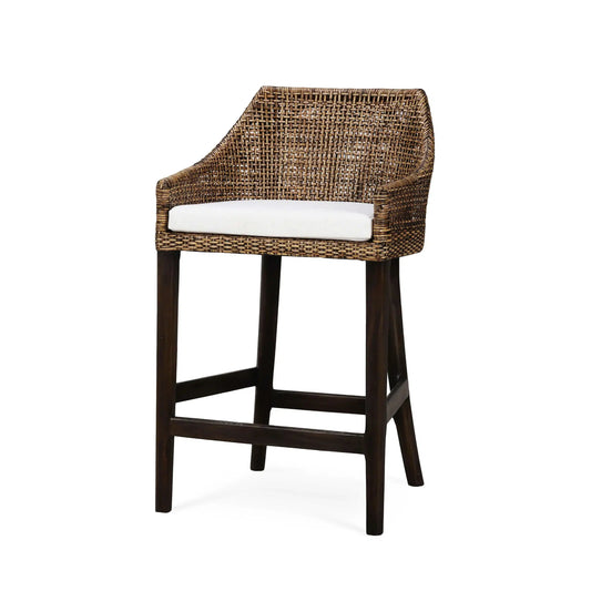 Savanah Counter Stool In Rattan Glaze w/ Arctic White Performance Seat Cushion-Blue Hand Home