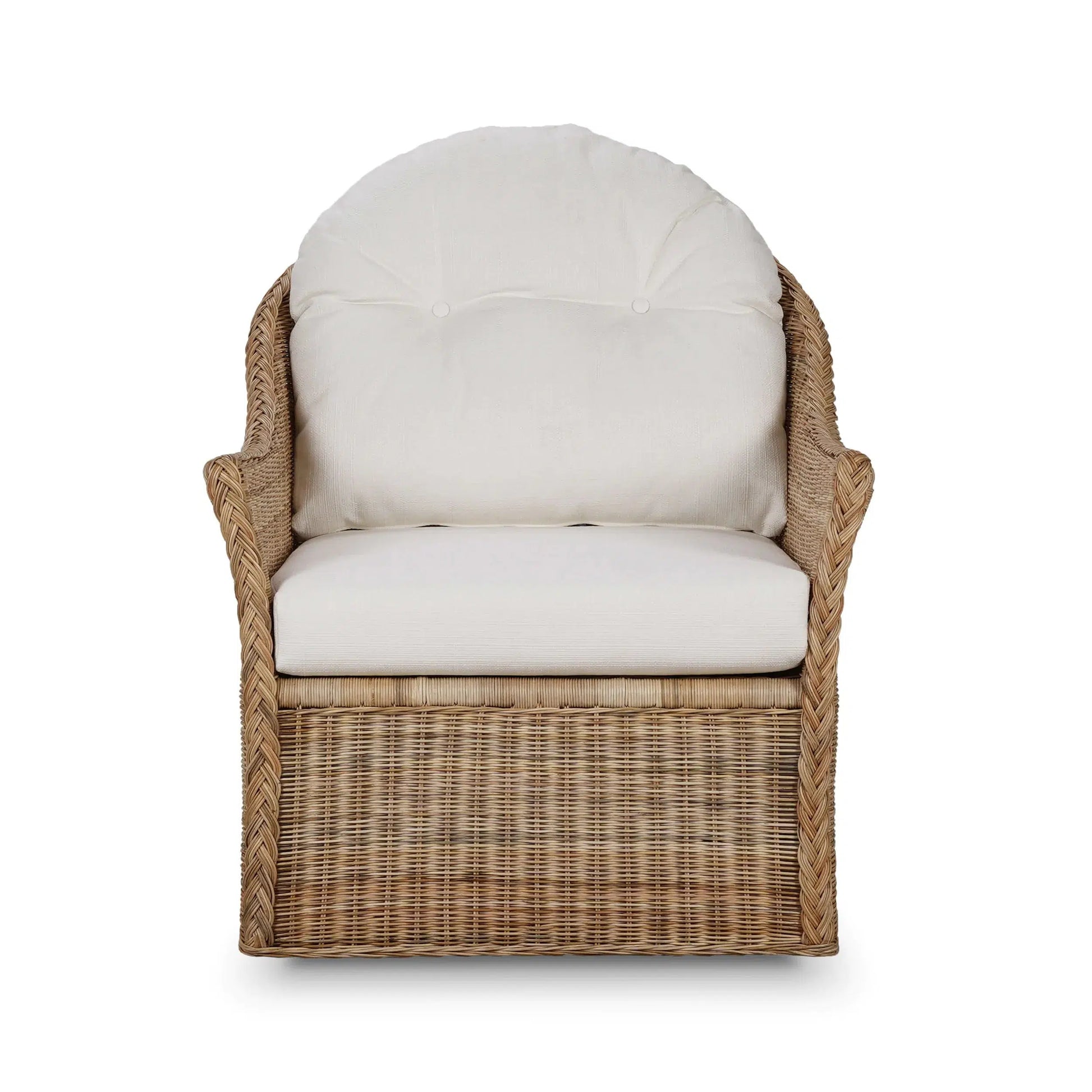 Nantucket Swivel Chair In Rattan Natural w/ Arctic White Performance Fabric-Blue Hand Home