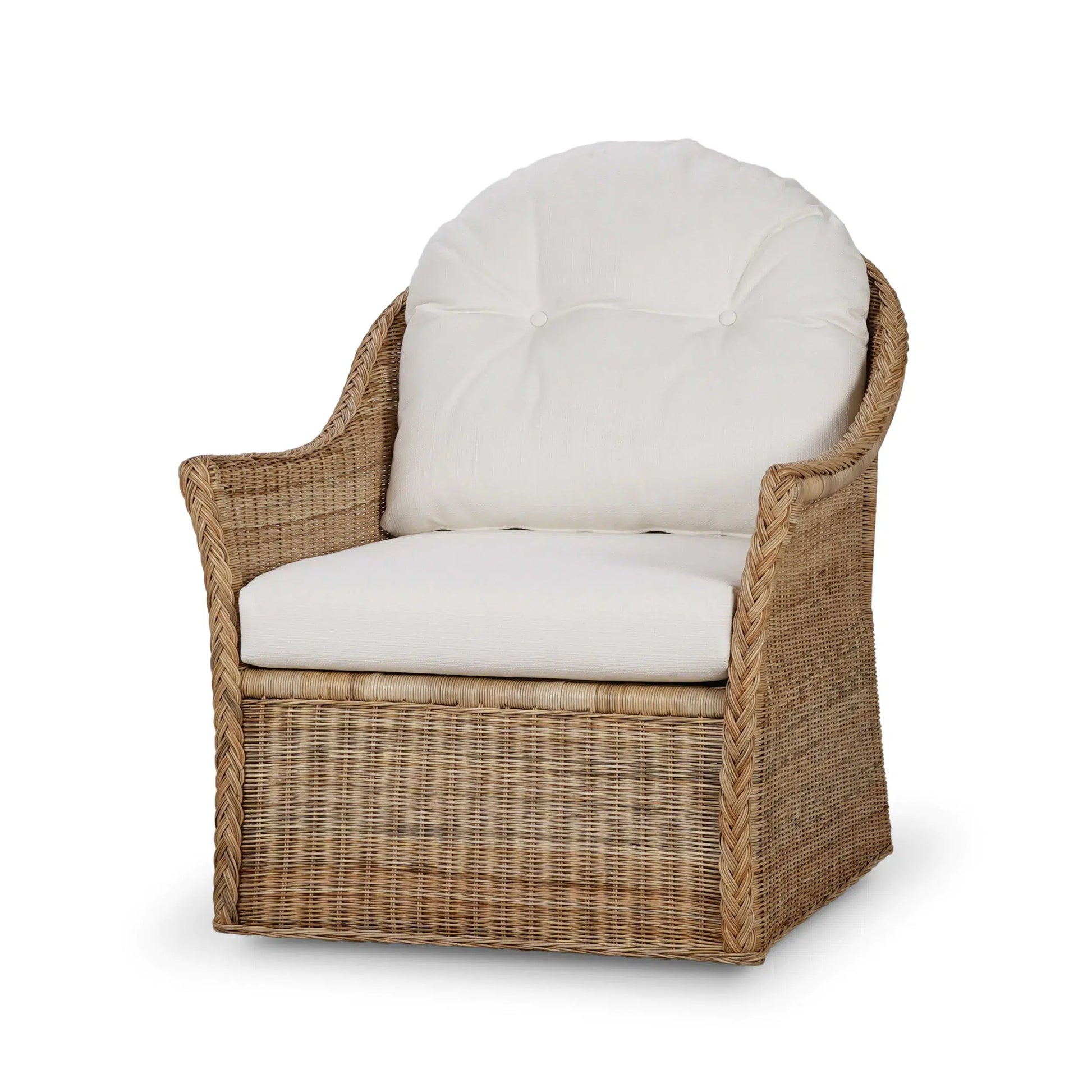 Nantucket Swivel Chair In Rattan Natural w/ Arctic White Performance Fabric-Blue Hand Home