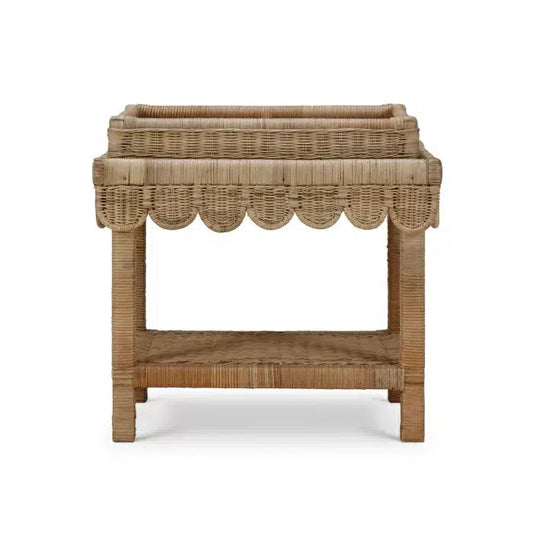 Scallop Rattan Side Table w/ Tray in Natural-Blue Hand Home