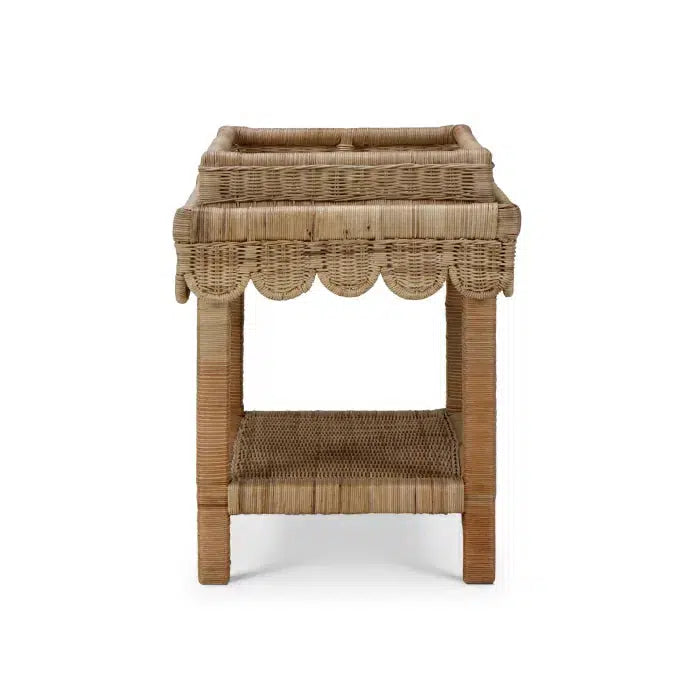 Scallop Rattan Side Table w/ Tray in Natural-Blue Hand Home