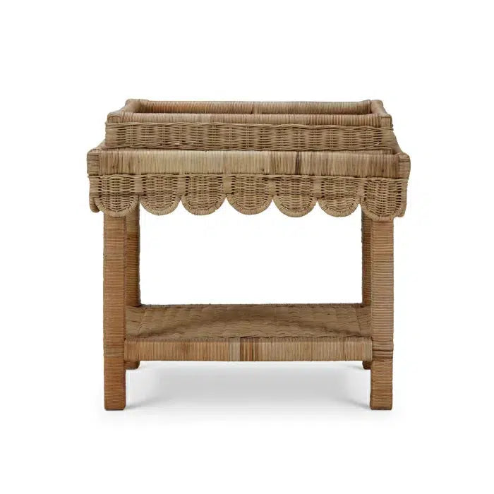 Scallop Rattan Side Table w/ Tray in Natural-Blue Hand Home