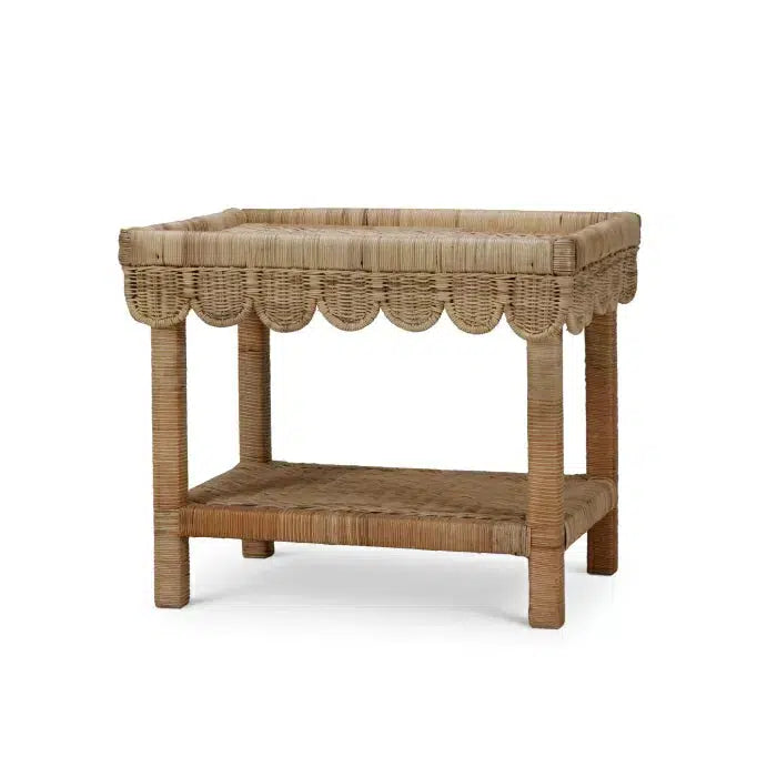 Scallop Rattan Side Table w/ Tray in Natural-Blue Hand Home