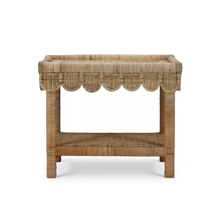 Scallop Rattan Side Table w/ Tray in Natural-Blue Hand Home