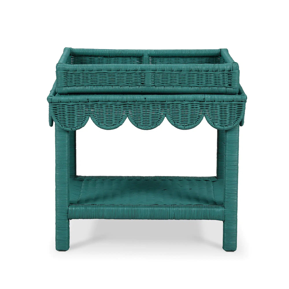 Scallop Rattan Side Table w/ Tray-Blue Hand Home
