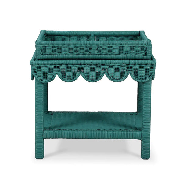 Scallop Rattan Side Table w/ Tray-Blue Hand Home