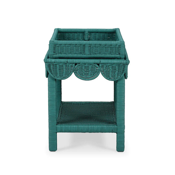 Scallop Rattan Side Table w/ Tray-Blue Hand Home