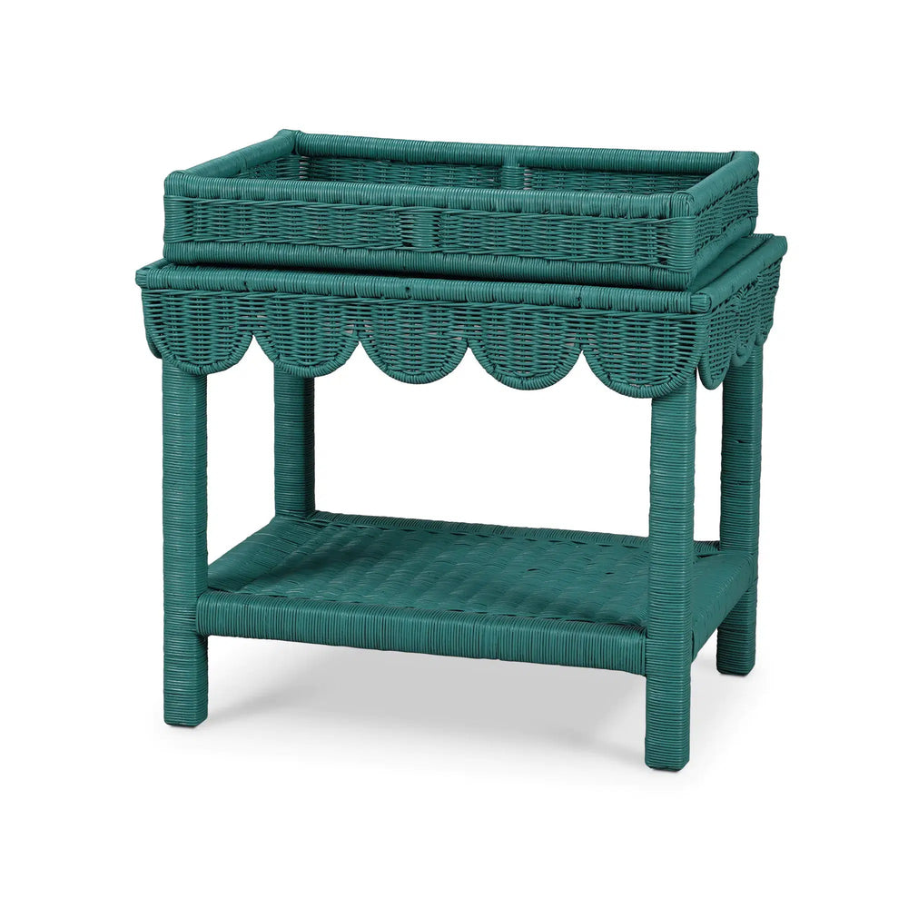 Scallop Rattan Side Table w/ Tray-Blue Hand Home