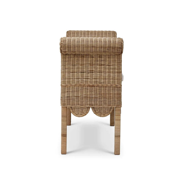 Newport Scalloped Bench In Rattan Natural W/ Arctic White Performance Fabric-Blue Hand Home