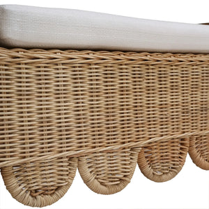 Newport Scalloped Bench In Rattan Natural W/ Arctic White Performance Fabric-Blue Hand Home