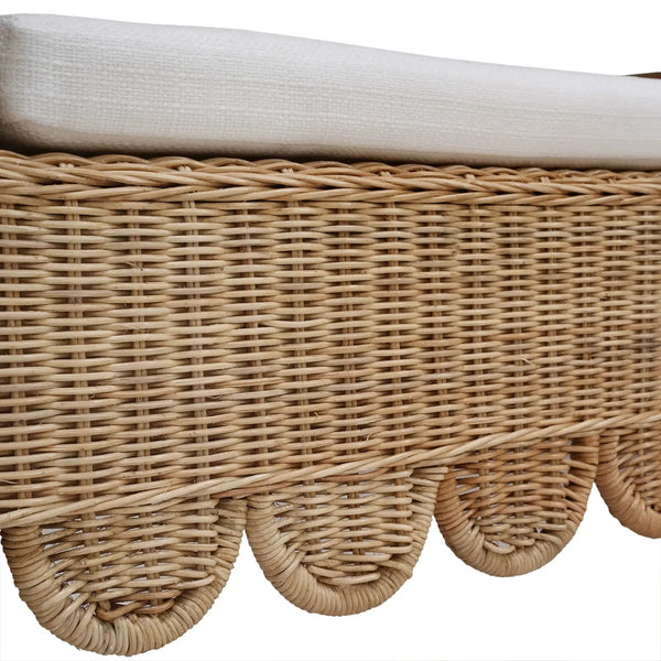 Newport Scalloped Bench In Rattan Natural W/ Arctic White Performance Fabric-Blue Hand Home