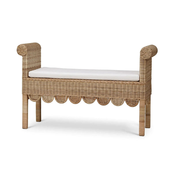 Newport Scalloped Bench In Rattan Natural W/ Arctic White Performance Fabric-Blue Hand Home