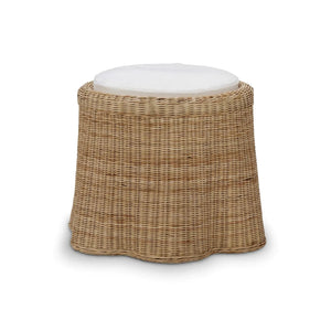 Newport In Rattan Natural Round Small Ottoman W/ W/ Arctic White Performance Fabric-Blue Hand Home