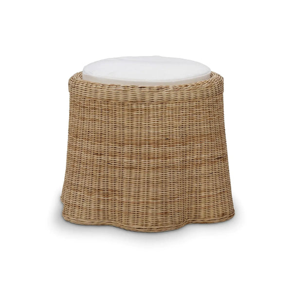 Newport In Rattan Natural Round Small Ottoman W/ W/ Arctic White Performance Fabric-Blue Hand Home