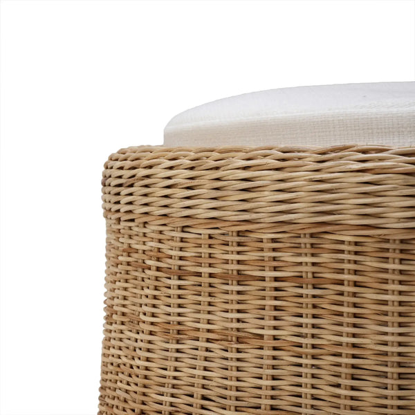 Newport In Rattan Natural Round Small Ottoman W/ W/ Arctic White Performance Fabric-Blue Hand Home