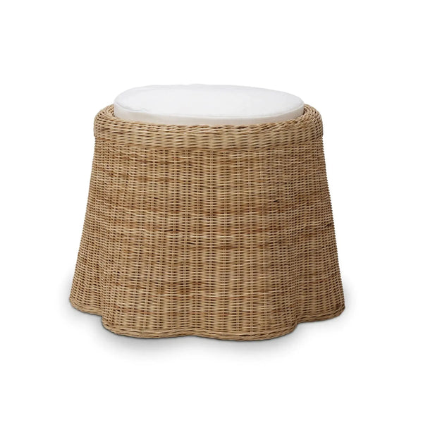 Newport In Rattan Natural Round Small Ottoman W/ W/ Arctic White Performance Fabric-Blue Hand Home