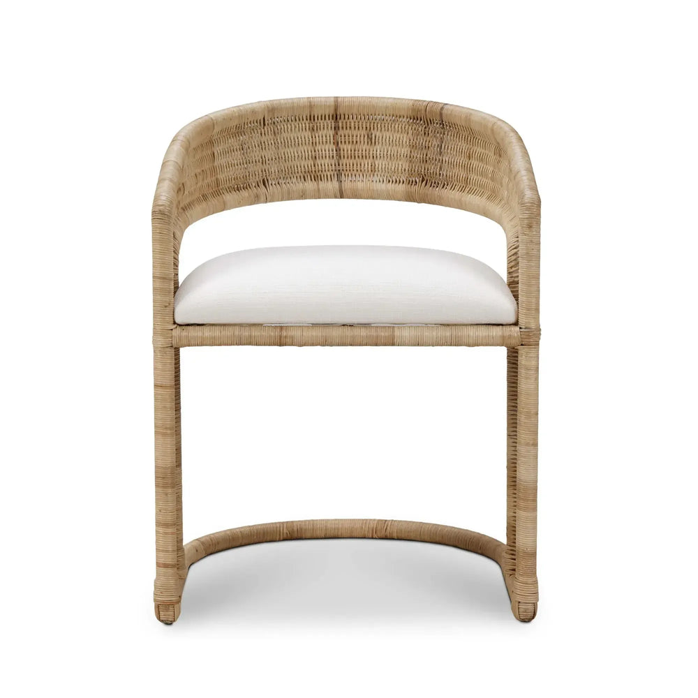 Hampton Dining Chair In Rattan Natural W/ Arctic White Performance Fabric Cushion-Blue Hand Home