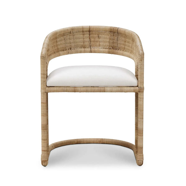 Hampton Dining Chair In Rattan Natural W/ Arctic White Performance Fabric Cushion-Blue Hand Home