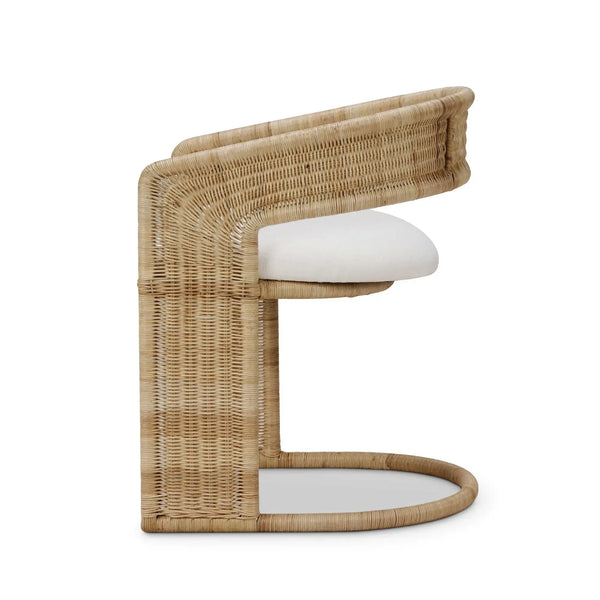 Hampton Dining Chair In Rattan Natural W/ Arctic White Performance Fabric Cushion-Blue Hand Home