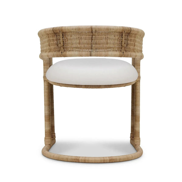 Hampton Dining Chair In Rattan Natural W/ Arctic White Performance Fabric Cushion-Blue Hand Home