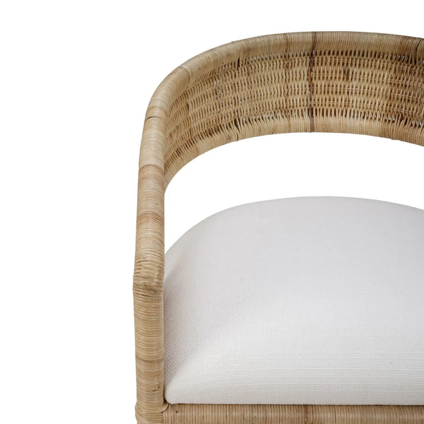 Hampton Dining Chair In Rattan Natural W/ Arctic White Performance Fabric Cushion-Blue Hand Home