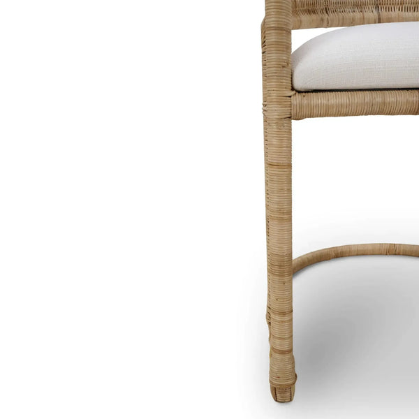 Hampton Dining Chair In Rattan Natural W/ Arctic White Performance Fabric Cushion-Blue Hand Home