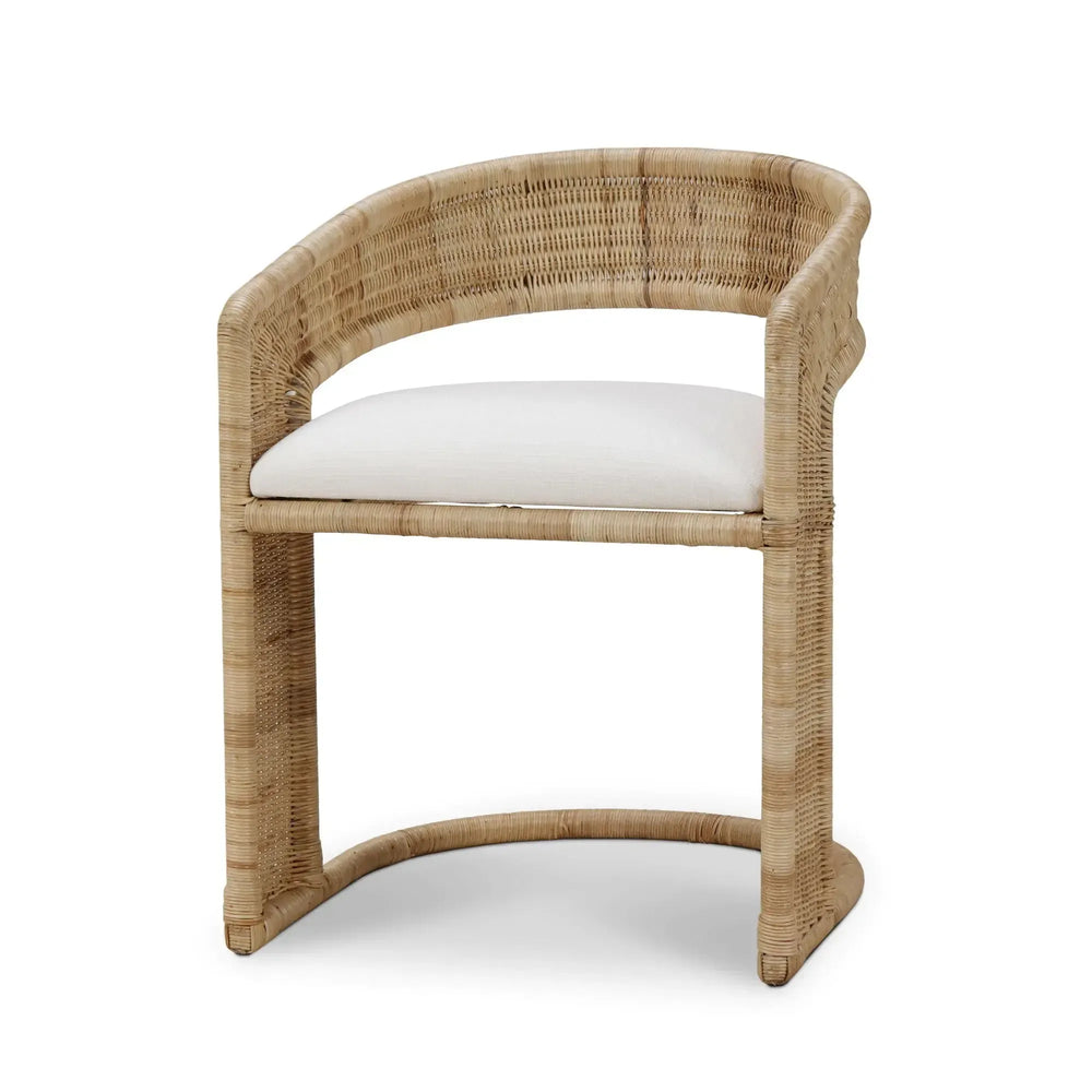 Hampton Dining Chair In Rattan Natural W/ Arctic White Performance Fabric Cushion-Blue Hand Home