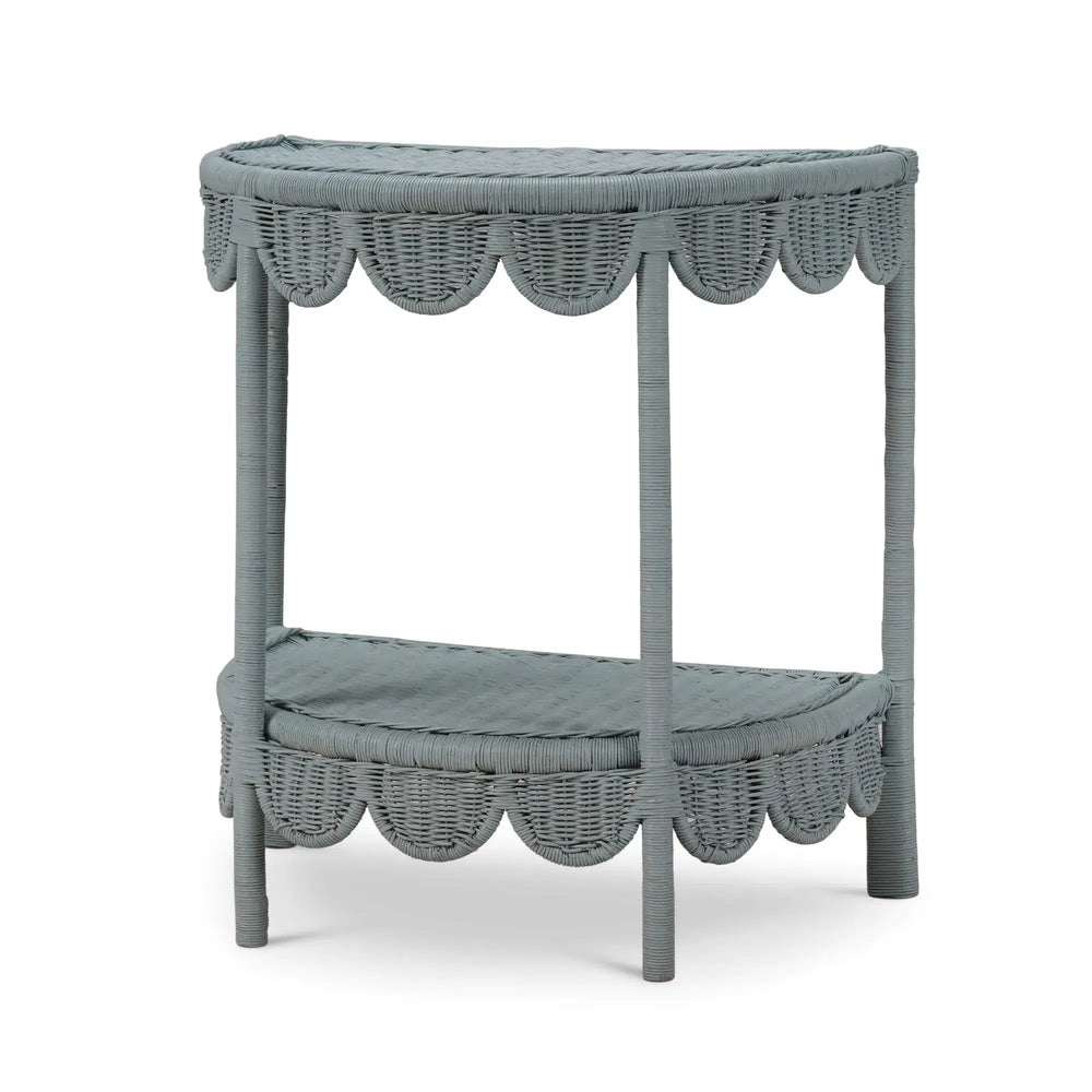 Scalloped Half Round Rattan Side Table-Blue Hand Home