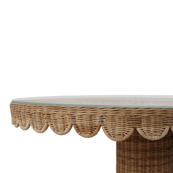 Scalloped Round Bistro Table W/ Tempered Glass In Rattan Natural-Blue Hand Home