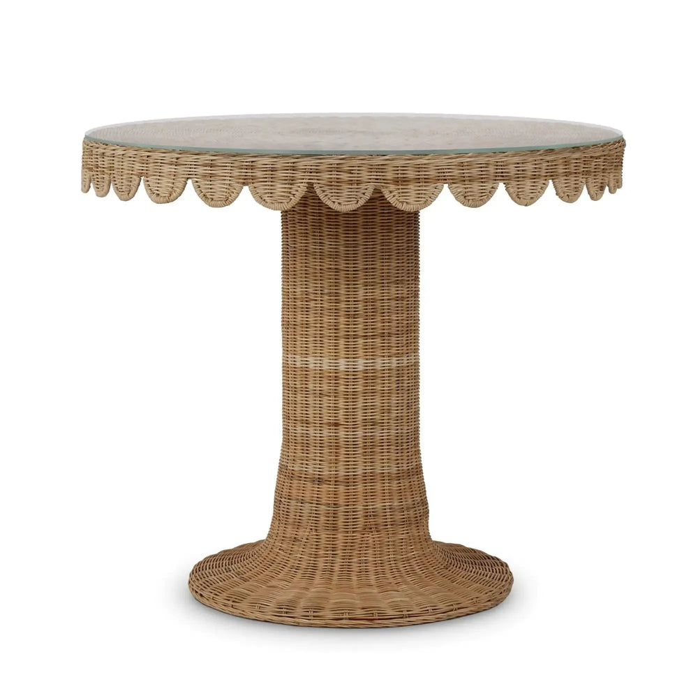 Scalloped Round Bistro Table W/ Tempered Glass In Rattan Natural-Blue Hand Home