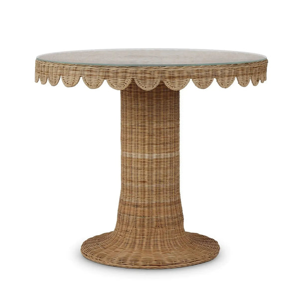 Scalloped Round Bistro Table W/ Tempered Glass In Rattan Natural-Blue Hand Home
