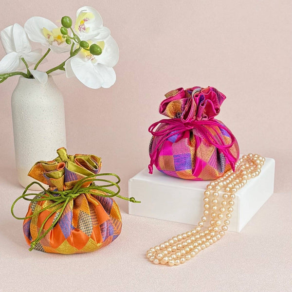 Checker Pattern Brocade Jewelry Pouch-Blue Hand Home