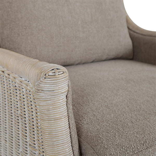 Rabana Rattan Chair in White Wash Rattan w/ Oatmeal Boucle Chenille Performance Fabric Cushion-Blue Hand Home