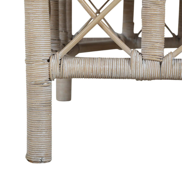 Rabana Rattan Chair in White Wash Rattan w/ Oatmeal Boucle Chenille Performance Fabric Cushion-Blue Hand Home