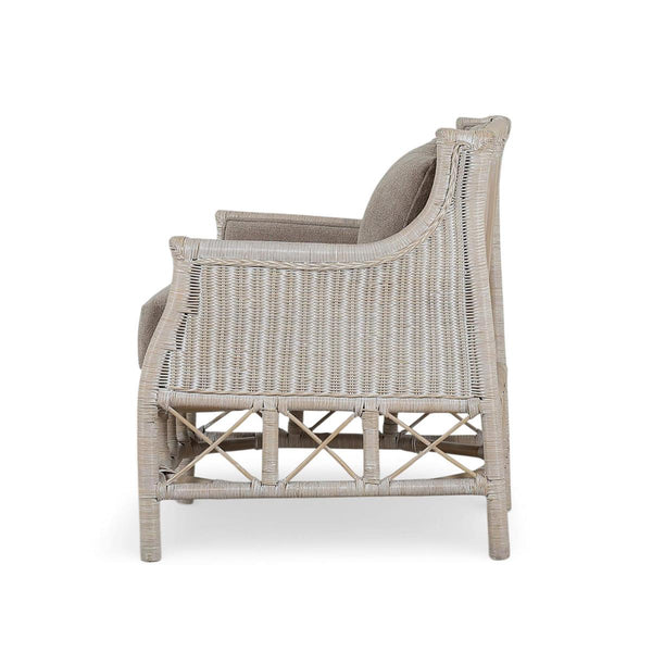 Rabana Rattan Chair in White Wash Rattan w/ Oatmeal Boucle Chenille Performance Fabric Cushion-Blue Hand Home