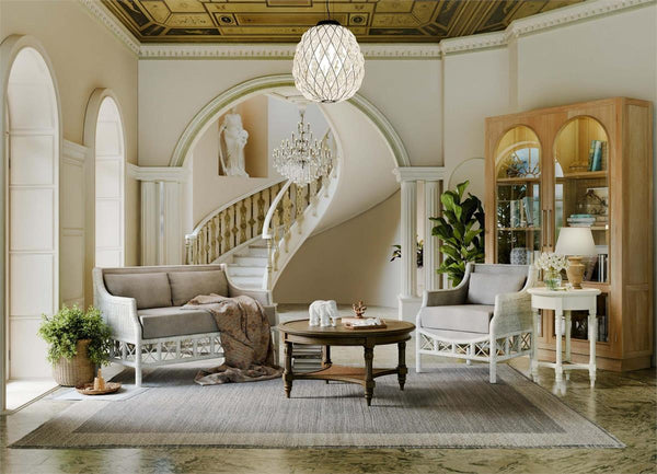 Rabana Rattan Chair in White Wash Rattan w/ Oatmeal Boucle Chenille Performance Fabric Cushion-Blue Hand Home