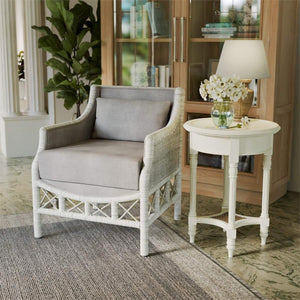 Rabana Rattan Chair in White Wash Rattan w/ Oatmeal Boucle Chenille Performance Fabric Cushion-Blue Hand Home