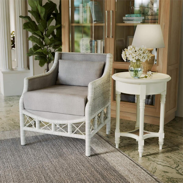 Rabana Rattan Chair in White Wash Rattan w/ Oatmeal Boucle Chenille Performance Fabric Cushion-Blue Hand Home