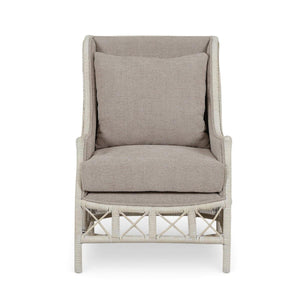 Hampton Rattan Wing Chair in White Wash Rattan w/ Oatmeal Boucle Chenille Performance Fabric Cushion-Blue Hand Home
