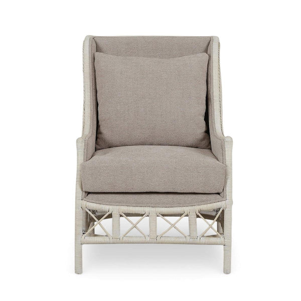 Hampton Rattan Wing Chair in White Wash Rattan w/ Oatmeal Boucle Chenille Performance Fabric Cushion-Blue Hand Home