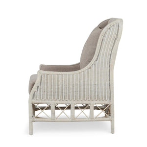 Hampton Rattan Wing Chair in White Wash Rattan w/ Oatmeal Boucle Chenille Performance Fabric Cushion-Blue Hand Home