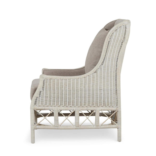 Hampton Rattan Wing Chair in White Wash Rattan w/ Oatmeal Boucle Chenille Performance Fabric Cushion-Blue Hand Home