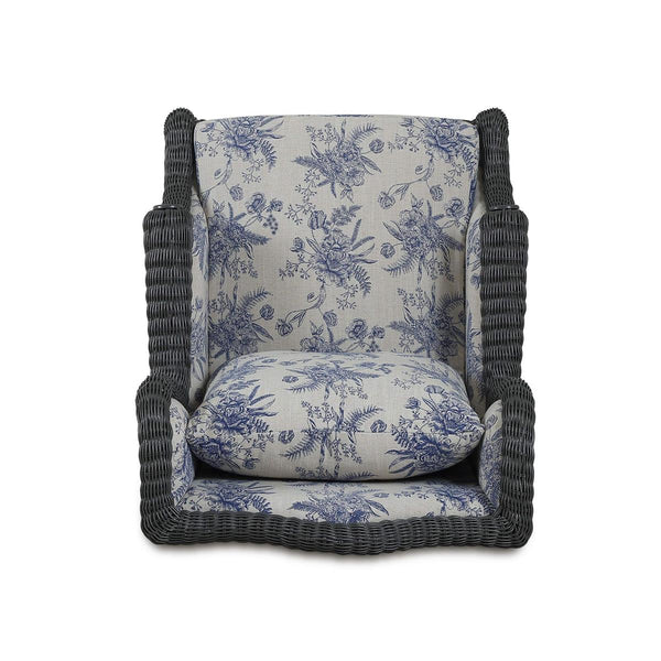 Marina Rattan Chair in Dark Charcoal Rattan w/ Le Jardin Blue Fabric-Blue Hand Home