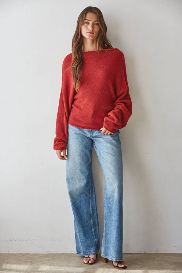W1542 | Knit Sweater Boat Neck Long Sleeve Pullover Top