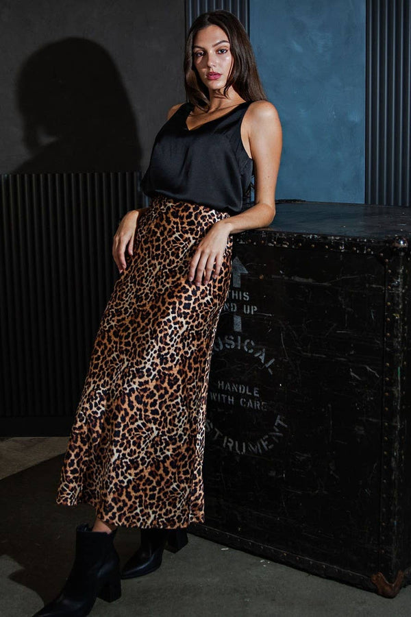 Leopard Print Stretch Satin Midi Skirt-Blue Hand Home